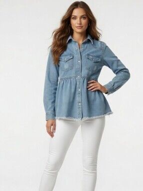 Women's Light Wash Cotton Blend Distressed Denim Peplum Button-Up (Size:Small)